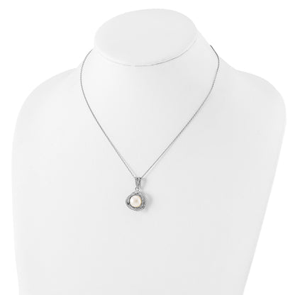 Sterling Silver Rhodium-Plated 10-12mm Fwc Pearl Cz Necklace/Earring Set