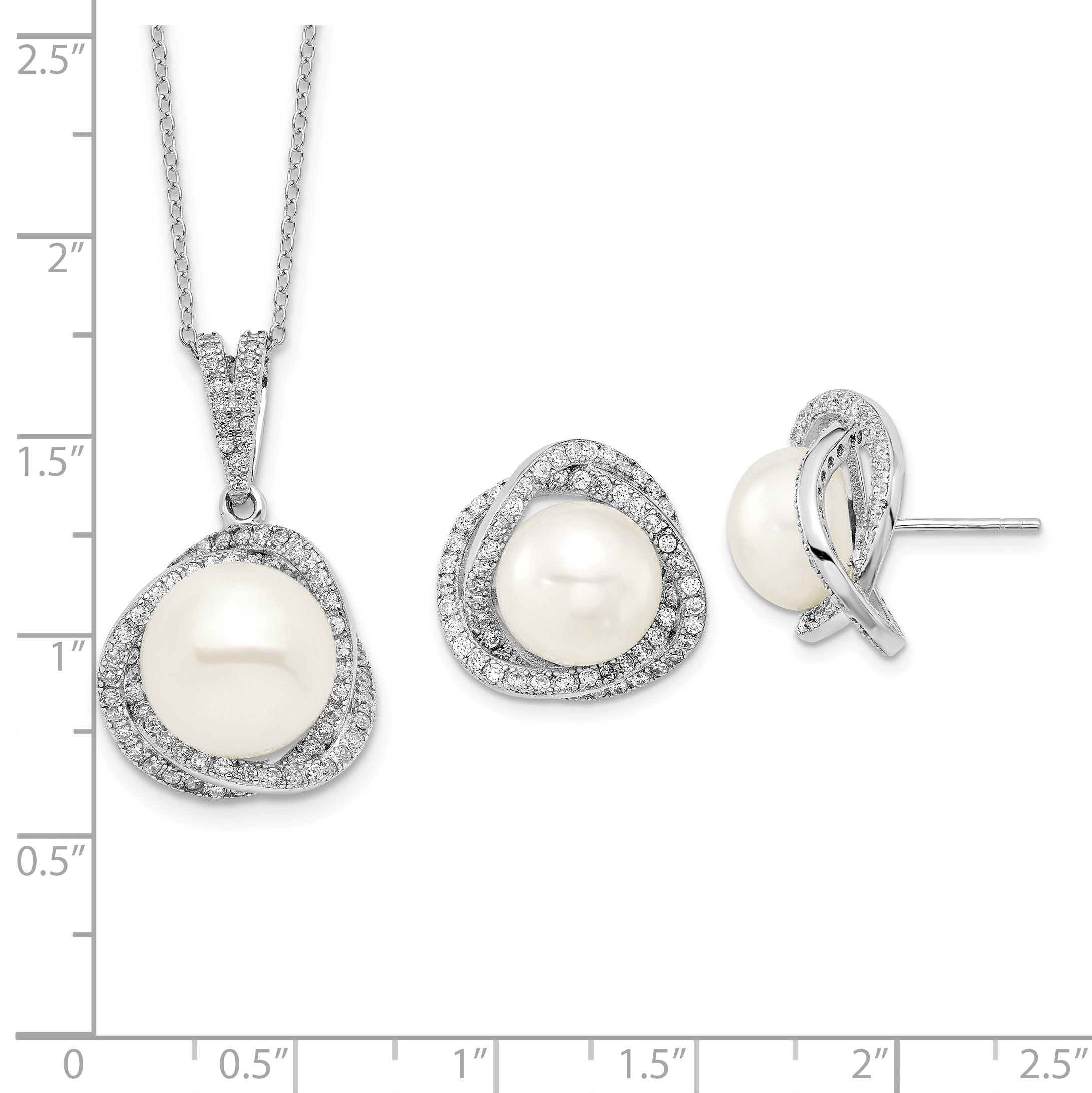 Sterling Silver Rhodium-Plated 10-12mm Fwc Pearl Cz Necklace/Earring Set