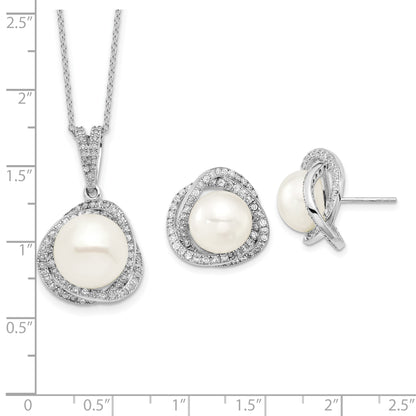 Sterling Silver Rhodium-Plated 10-12mm Fwc Pearl Cz Necklace/Earring Set