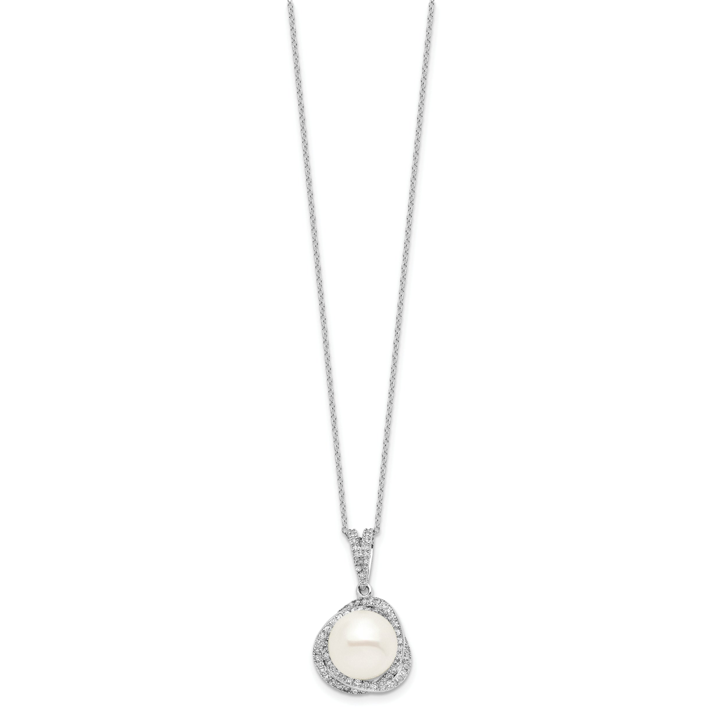 Sterling Silver Rhodium-Plated 10-12mm Fwc Pearl Cz Necklace/Earring Set
