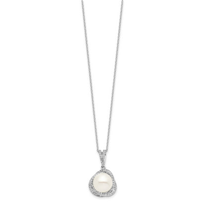 Sterling Silver Rhodium-Plated 10-12mm Fwc Pearl Cz Necklace/Earring Set