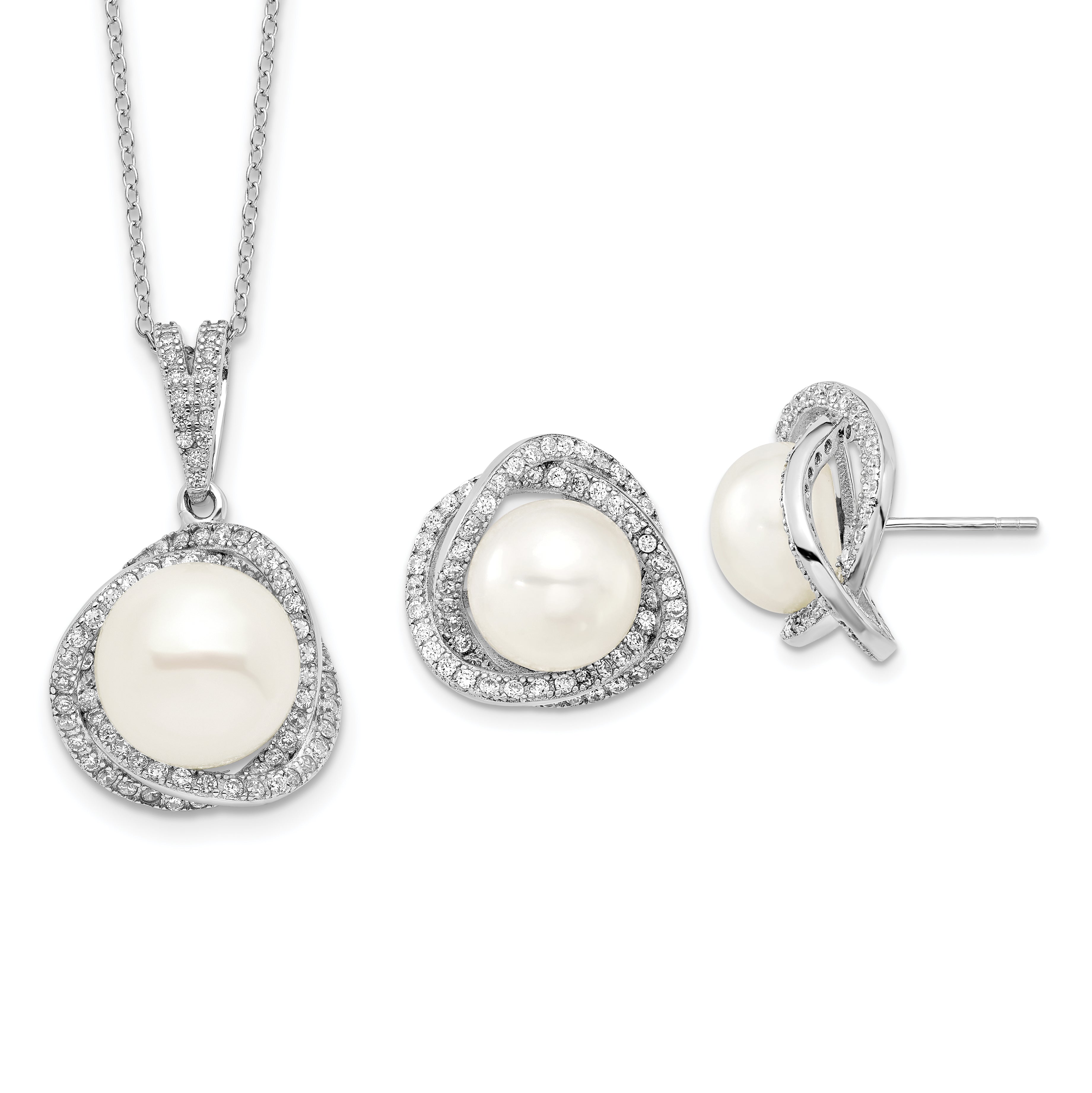 Sterling Silver Rhodium-Plated 10-12mm Fwc Pearl Cz Necklace/Earring Set