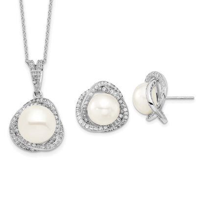 Sterling Silver Rhodium-Plated 10-12mm Fwc Pearl Cz Necklace/Earring Set