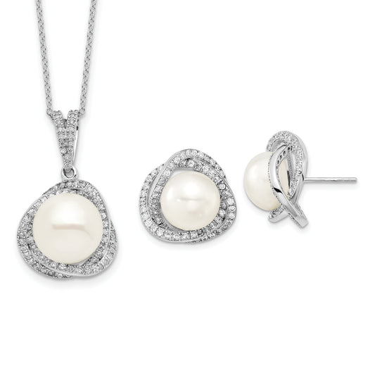 Sterling Silver Rhodium-Plated 10-12mm Fwc Pearl Cz Necklace/Earring Set