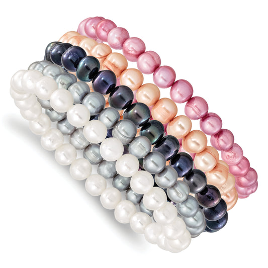 Fashion 7-8mm White/Grey/Black/Pink/Purple Freshwater Cultured Pearl Stretch 5 Piece Bracelet Set