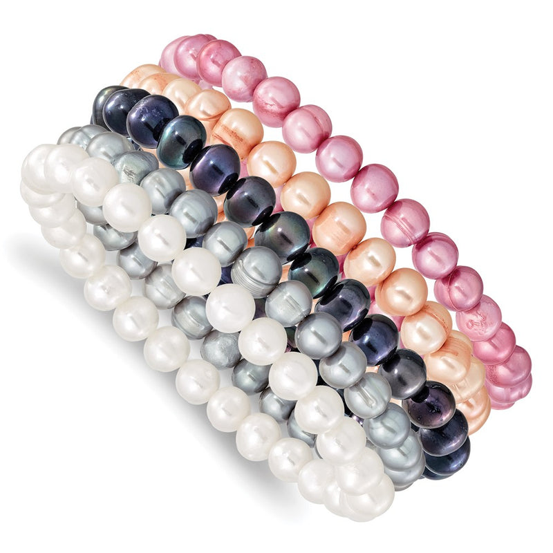 Fashion 7-8mm White/Grey/Black/Pink/Purple Freshwater Cultured Pearl Stretch 5 Piece Bracelet Set
