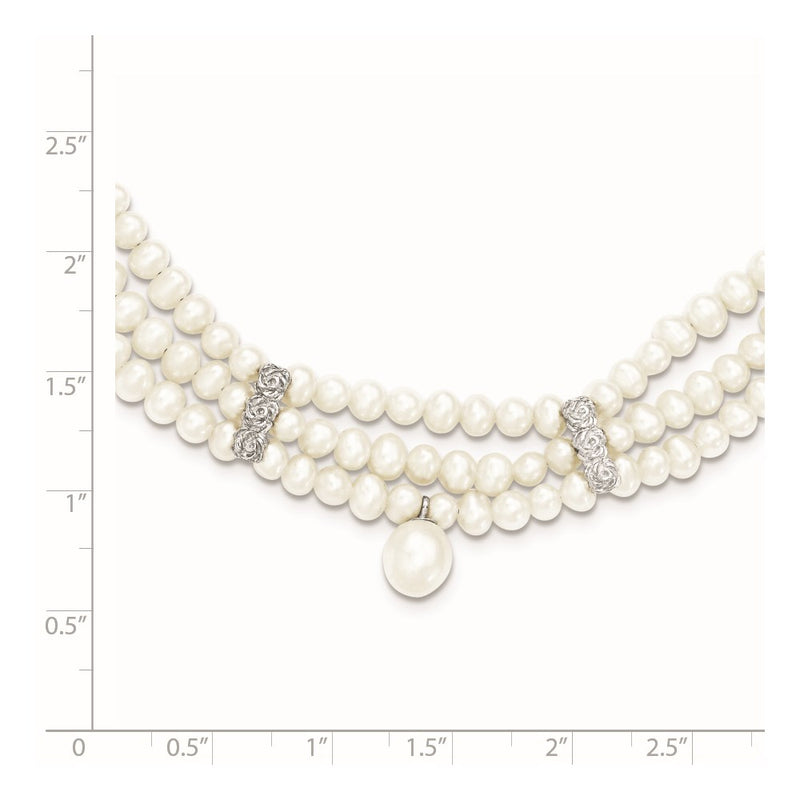 Sterling Silver & Fw Cultured Pearl 3 Row W/Bead Spacer Necklace