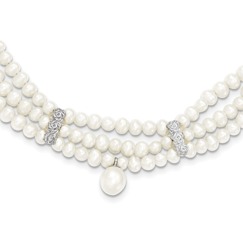Sterling Silver & Fw Cultured Pearl 3 Row W/Bead Spacer Necklace