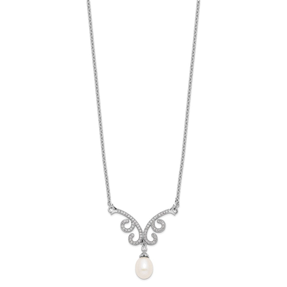 Sterling Silver Rhod-Plated 8-9mm White Fwc Pearl Cz W/1In Ext. Necklace