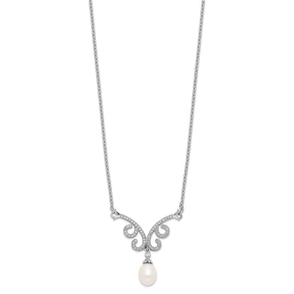 Sterling Silver Rhod-Plated 8-9mm White Fwc Pearl Cz W/1In Ext. Necklace