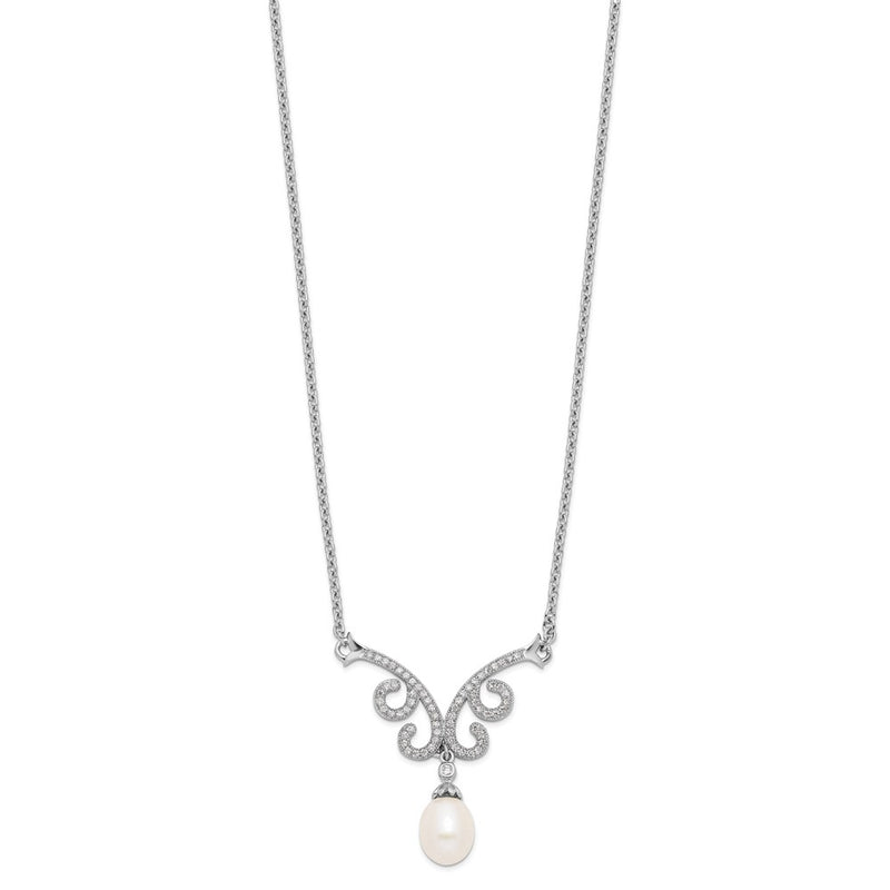 Sterling Silver Rhod-Plated 8-9mm White Fwc Pearl Cz W/1In Ext. Necklace