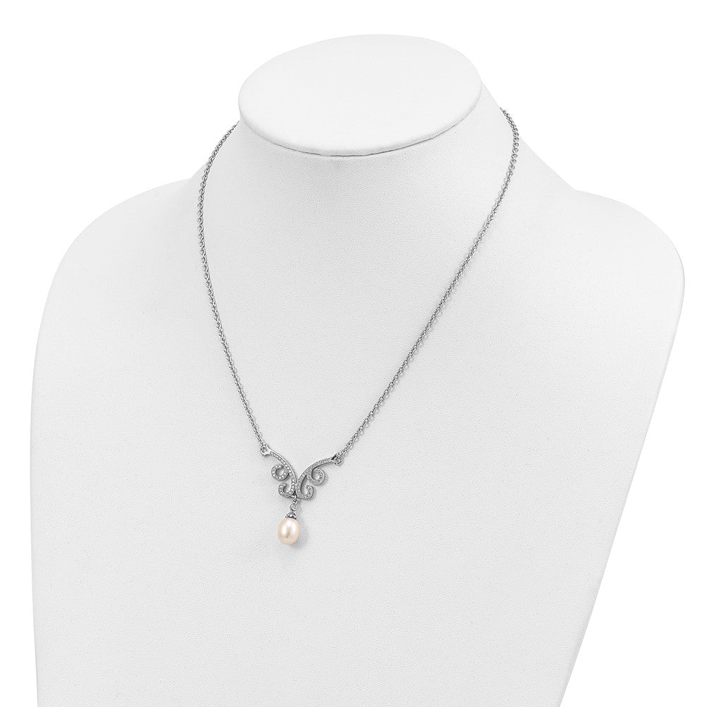 Sterling Silver Rhod-Plated 8-9mm White Fwc Pearl Cz W/1In Ext. Necklace