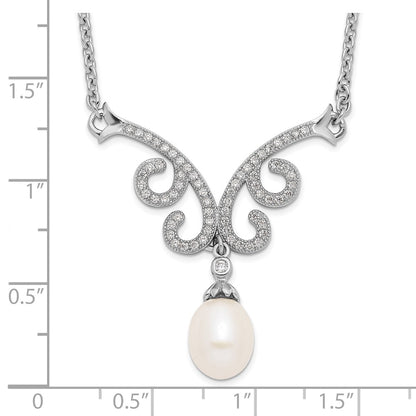 Sterling Silver Rhod-Plated 8-9mm White Fwc Pearl Cz W/1In Ext. Necklace
