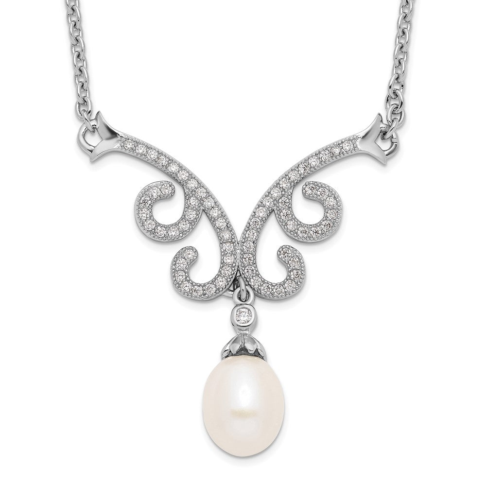 Sterling Silver Rhod-Plated 8-9mm White Fwc Pearl Cz W/1In Ext. Necklace