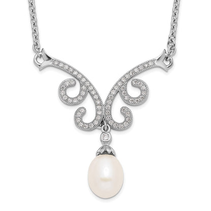 Sterling Silver Rhod-Plated 8-9mm White Fwc Pearl Cz W/1In Ext. Necklace