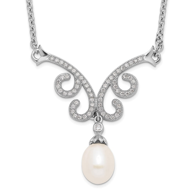 Sterling Silver Rhod-Plated 8-9mm White Fwc Pearl Cz W/1In Ext. Necklace