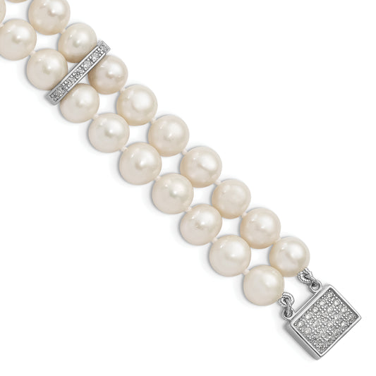 7 Inch Sterling Silver Rhodium 7-8mm White Fwc Pearl 2-Strand Cz Fancy Bracelet