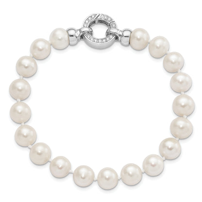 7.5 Inch Sterling Silver Rhodium-Plated 9-10mm White Fwc Pearl Cz Fancy Bracelet