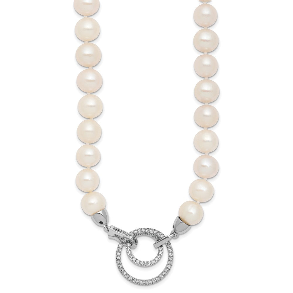 Sterling Silver Rh 10-11mm White Fwc Pearl Cz Clasp Adjust. Necklace