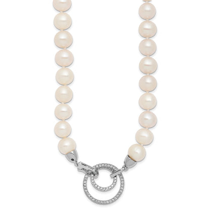 Sterling Silver Rh 10-11mm White Fwc Pearl Cz Clasp Adjust. Necklace