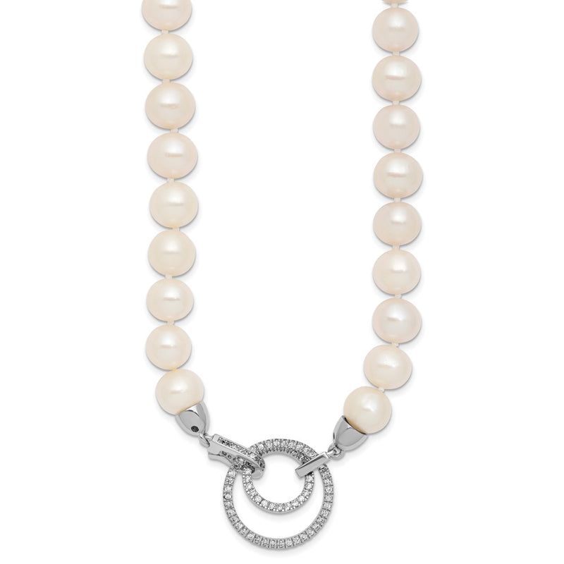 Sterling Silver Rh 10-11mm White Fwc Pearl Cz Clasp Adjust. Necklace