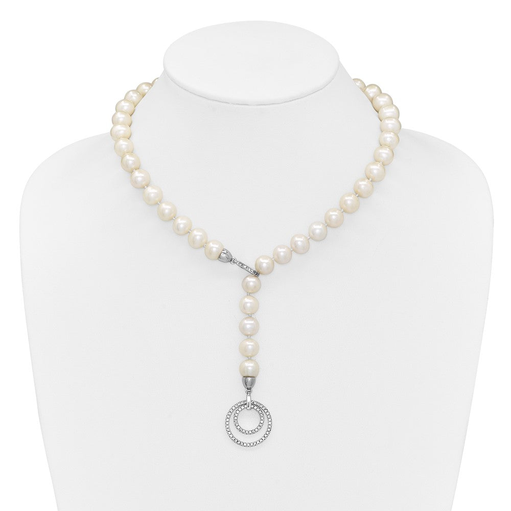 Sterling Silver Rh 10-11mm White Fwc Pearl Cz Clasp Adjust. Necklace