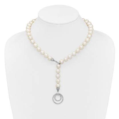 Sterling Silver Rh 10-11mm White Fwc Pearl Cz Clasp Adjust. Necklace