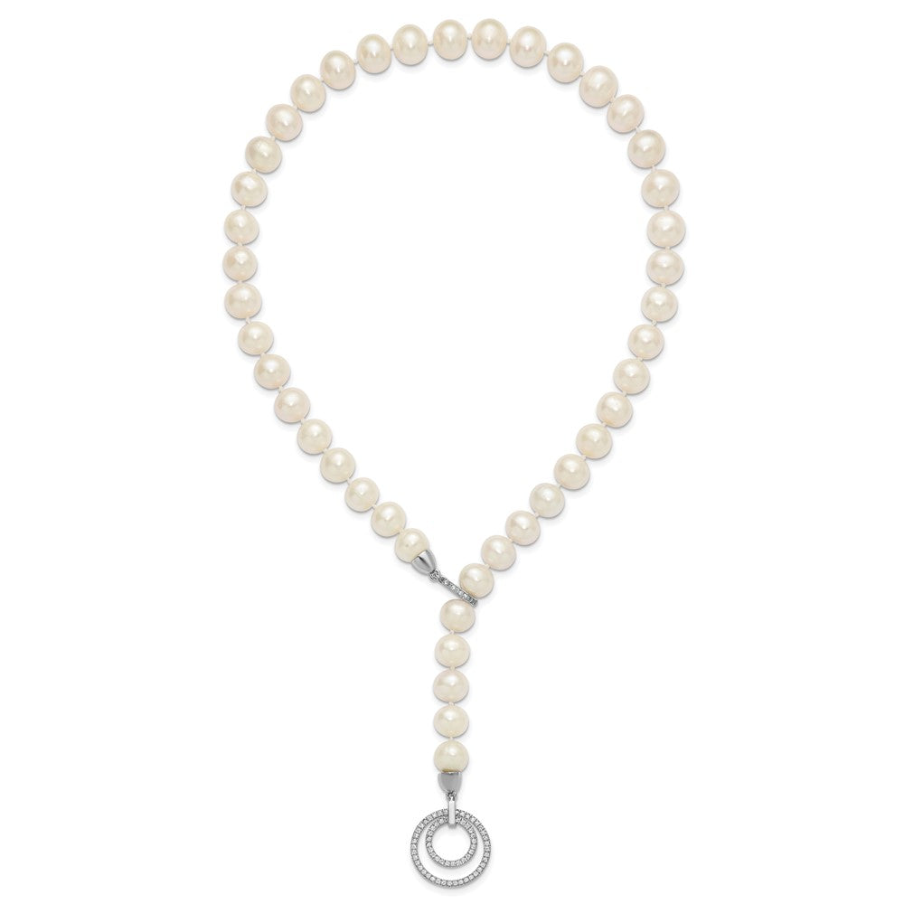 Sterling Silver Rh 10-11mm White Fwc Pearl Cz Clasp Adjust. Necklace