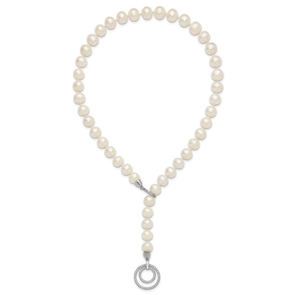 Sterling Silver Rh 10-11mm White Fwc Pearl Cz Clasp Adjust. Necklace