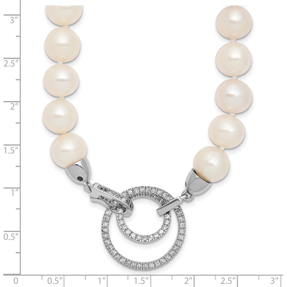 Sterling Silver Rh 10-11mm White Fwc Pearl Cz Clasp Adjust. Necklace
