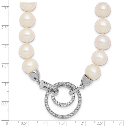 Sterling Silver Rh 10-11mm White Fwc Pearl Cz Clasp Adjust. Necklace