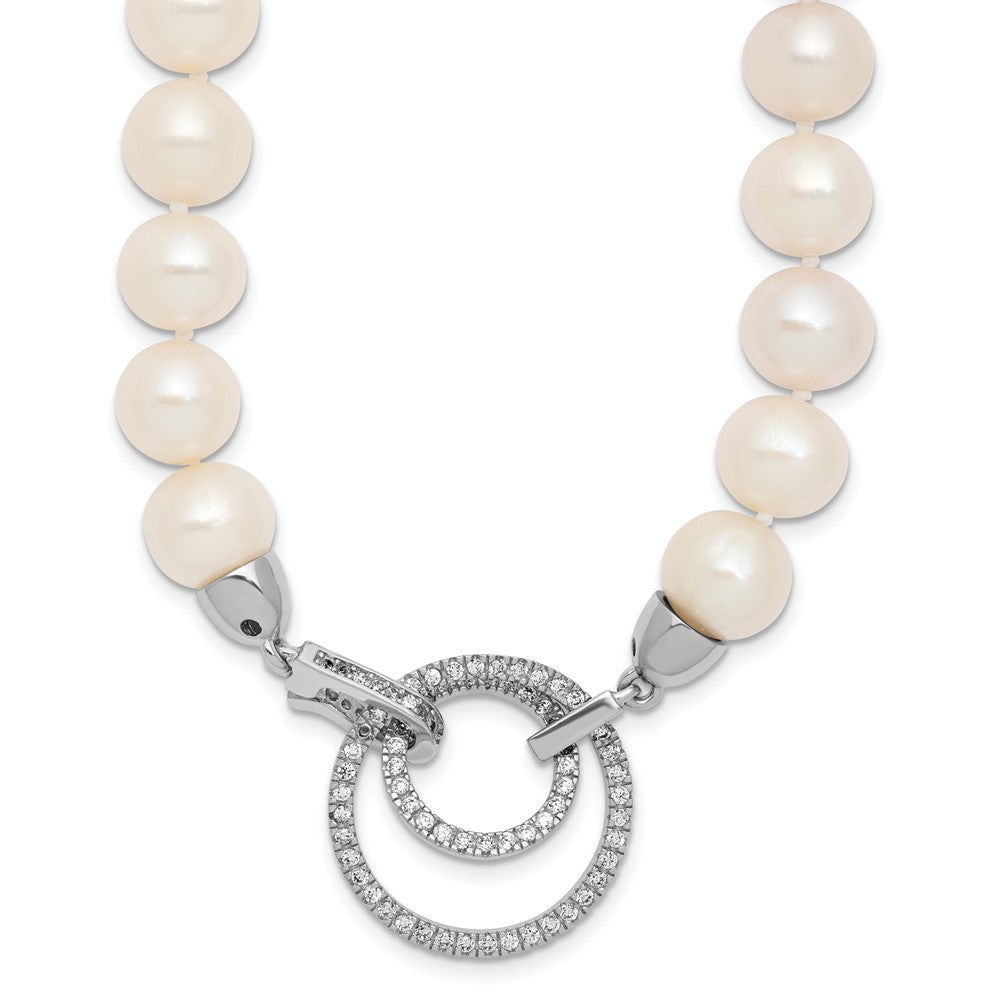 Sterling Silver Rh 10-11mm White Fwc Pearl Cz Clasp Adjust. Necklace