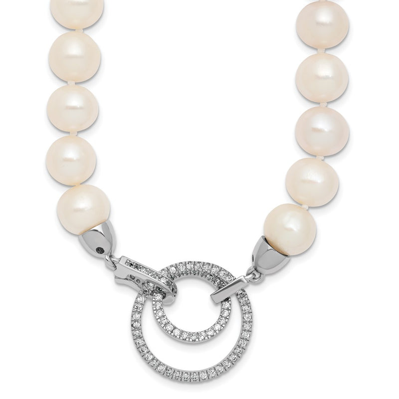 Sterling Silver Rh 10-11mm White Fwc Pearl Cz Clasp Adjust. Necklace