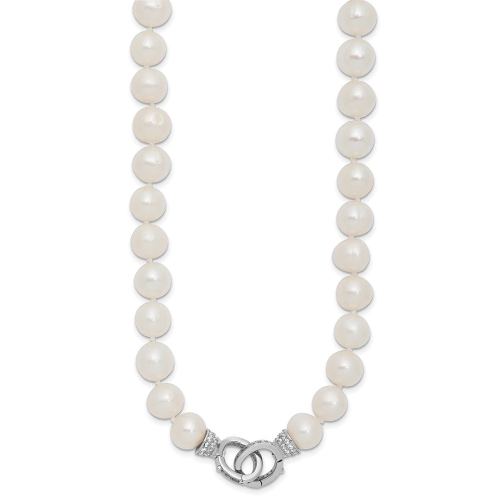 Sterling Silver Rh 9-10mm White Fwc Pearl Cz Clasp Adjust. Necklace