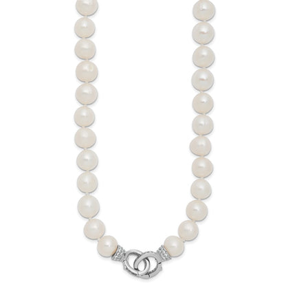 Sterling Silver Rh 9-10mm White Fwc Pearl Cz Clasp Adjust. Necklace