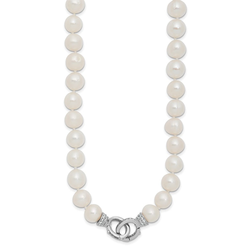 Sterling Silver Rh 9-10mm White Fwc Pearl Cz Clasp Adjust. Necklace