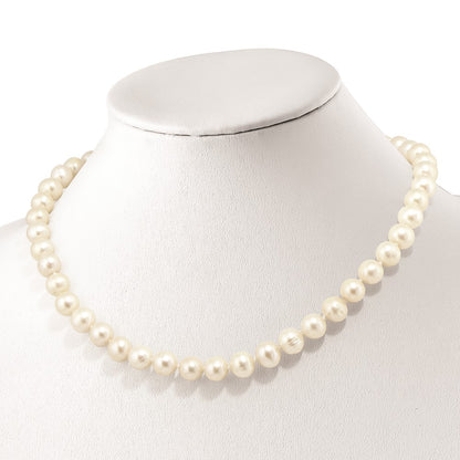 Sterling Silver Rh 9-10mm White Fwc Pearl Cz Clasp Adjust. Necklace