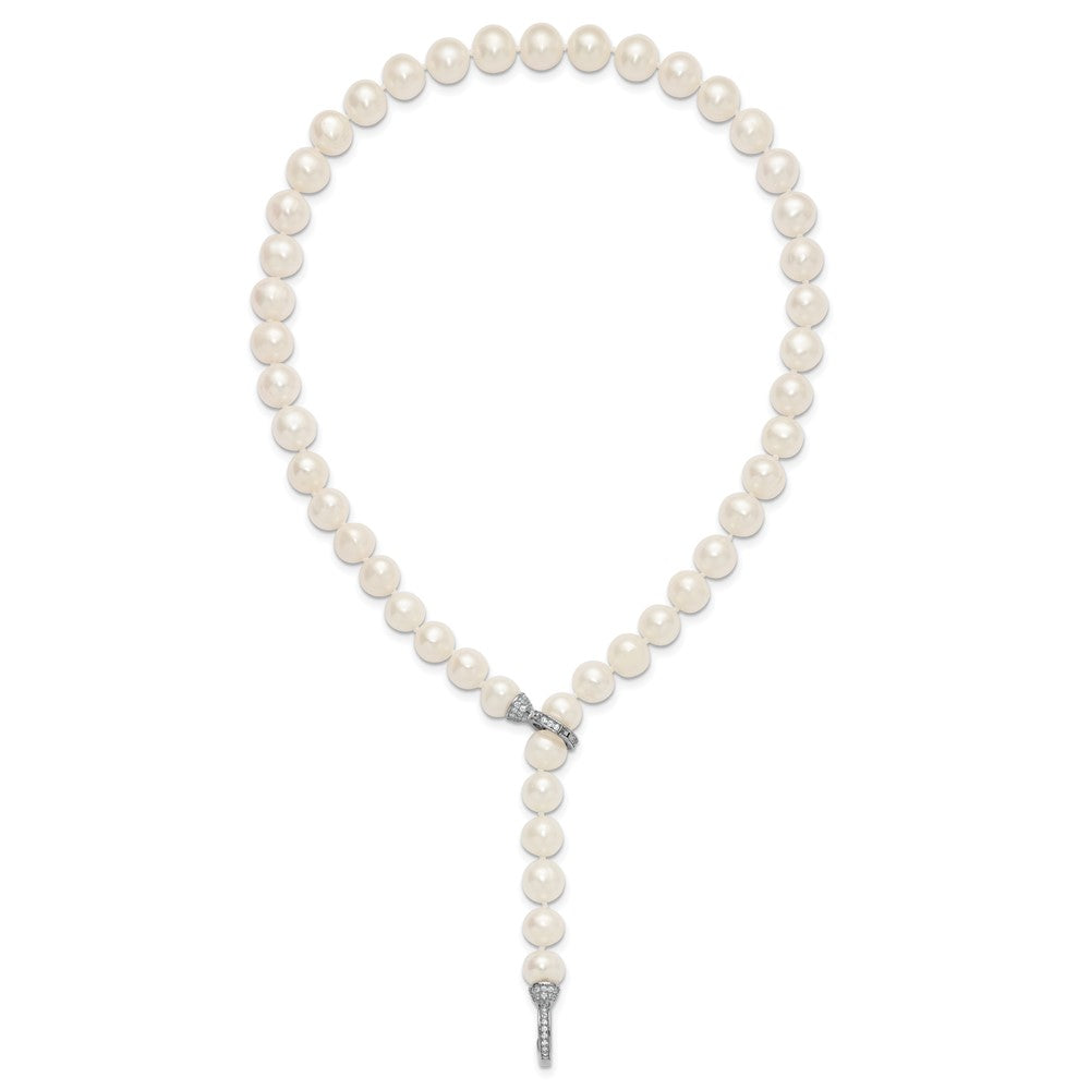 Sterling Silver Rh 9-10mm White Fwc Pearl Cz Clasp Adjust. Necklace