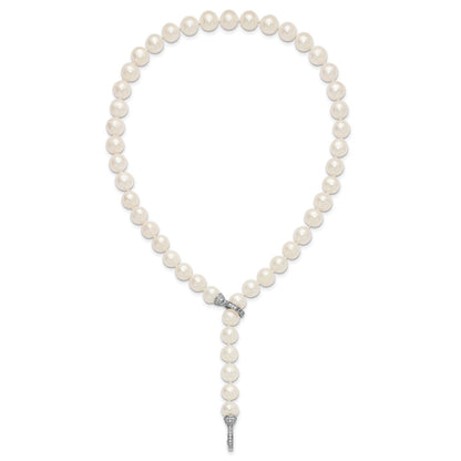 Sterling Silver Rh 9-10mm White Fwc Pearl Cz Clasp Adjust. Necklace
