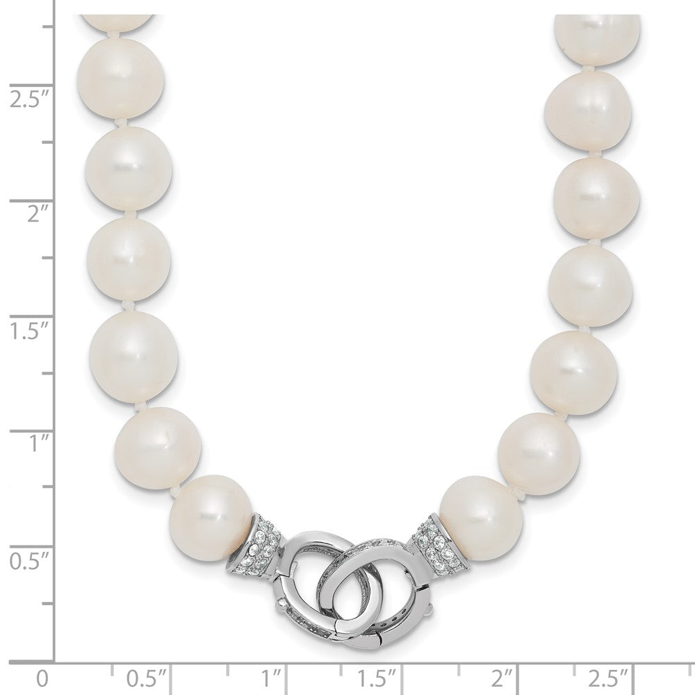 Sterling Silver Rh 9-10mm White Fwc Pearl Cz Clasp Adjust. Necklace