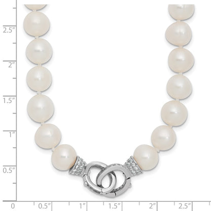 Sterling Silver Rh 9-10mm White Fwc Pearl Cz Clasp Adjust. Necklace