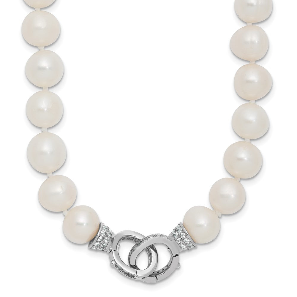 Sterling Silver Rh 9-10mm White Fwc Pearl Cz Clasp Adjust. Necklace