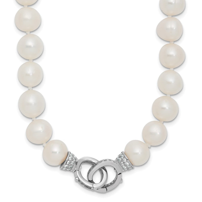 Sterling Silver Rh 9-10mm White Fwc Pearl Cz Clasp Adjust. Necklace