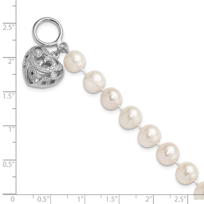 7.5 Inch Sterling Silver Rhodium-Plt 8-9mm White Fwc Pearl Heart Toggle Bracelet