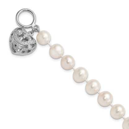 7.5 Inch Sterling Silver Rhodium-Plt 8-9mm White Fwc Pearl Heart Toggle Bracelet