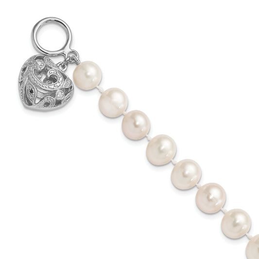 7.5 Inch Sterling Silver Rhodium-Plt 8-9mm White Fwc Pearl Heart Toggle Bracelet