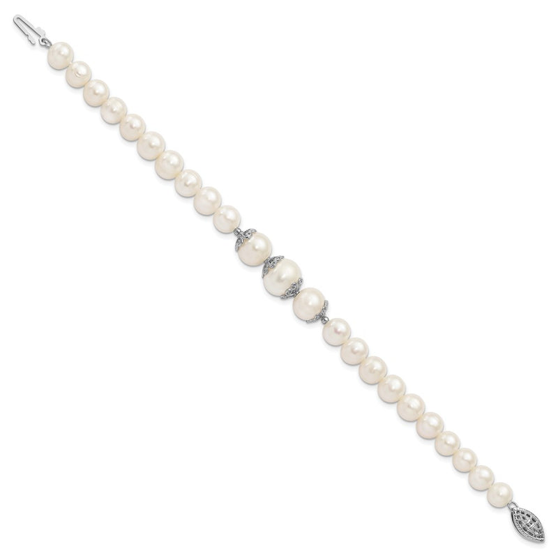 Sterling Silver Rhodium-Plated Fancy Filigree Spacers And 7-10mm White Freshwater Cultured Pearl 7 Inch Bracelet