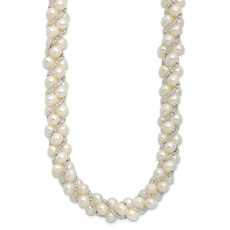 Sterling Silver Rhodium 6-7mm Fwc Pearl/Glass Bead Twisted Necklace