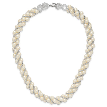 Sterling Silver Rhodium 6-7mm Fwc Pearl/Glass Bead Twisted Necklace
