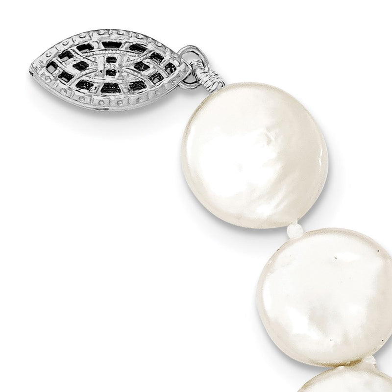 Sterling Silver Rhodium-Plated 10-11mm White Fwc Coin Pearl Necklace